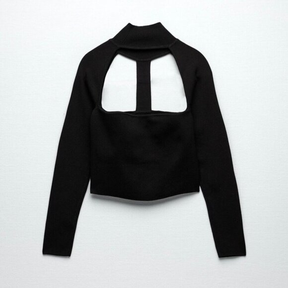 Zara Cutout Open Mock Neck Long Sleeve Knit Sweater Top Black Minimalist Large - Picture 1 of 7
